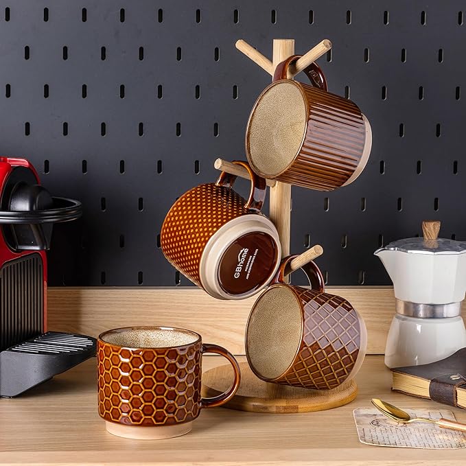 GBhome 15OZ Stackable Coffee Mugs, Ceramic Coffee Cups with Texture Patterns for Man,Woman,Dad,Mom, Modern Mugs Set of 4 for Latte/Cappuccino/Cocoa. Dishwasher&Microwave Safe, Caramel