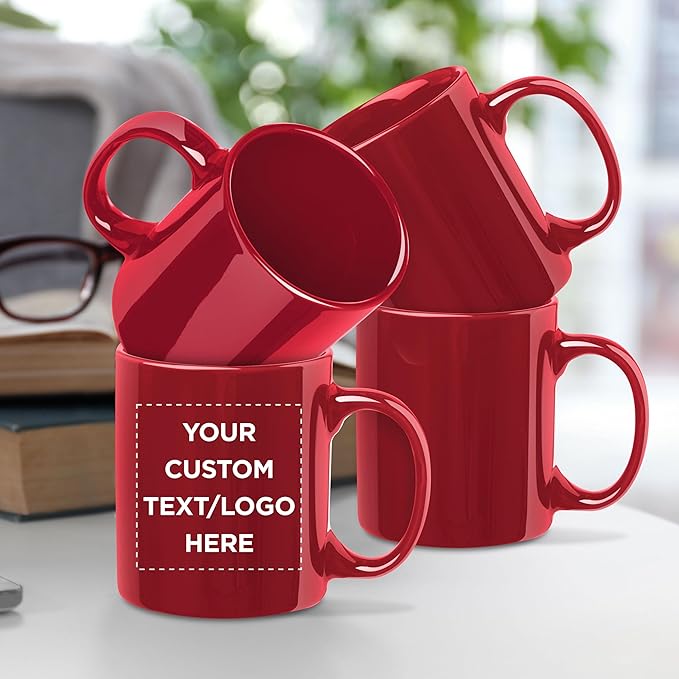 Custom Ceramic Coffee Mugs 11 oz. Set of 100, Personalized Bulk Pack - Coffee cup set, Iced coffee cup, Gaming mug - Red