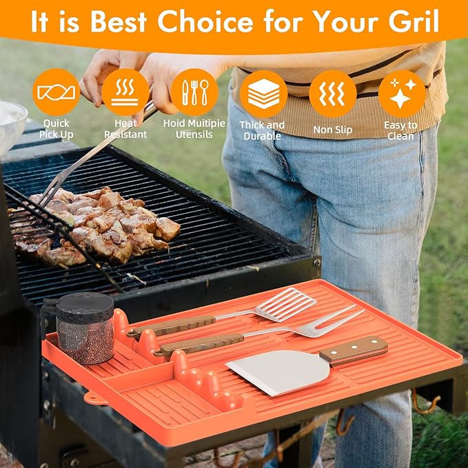 Valentines Day Gifts for Him - Silicone Griddle Tool Mat Compatible with Blackstone Weber - Flat Top Grill Pellet Smoker Side Shelf Spatula Mat with Drip Pad - BBQ Grilling Accessories (Orange)