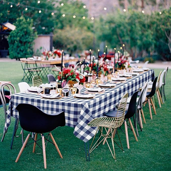 Hiasan 60 x 102 Inch Checkered Tablecloth Rectangle - Waterproof, Wrinkle Resistant and Washable Gingham Table Cloth for Outdoor Picnic, Kitchen and Holiday Dinner, Navy Blue and White