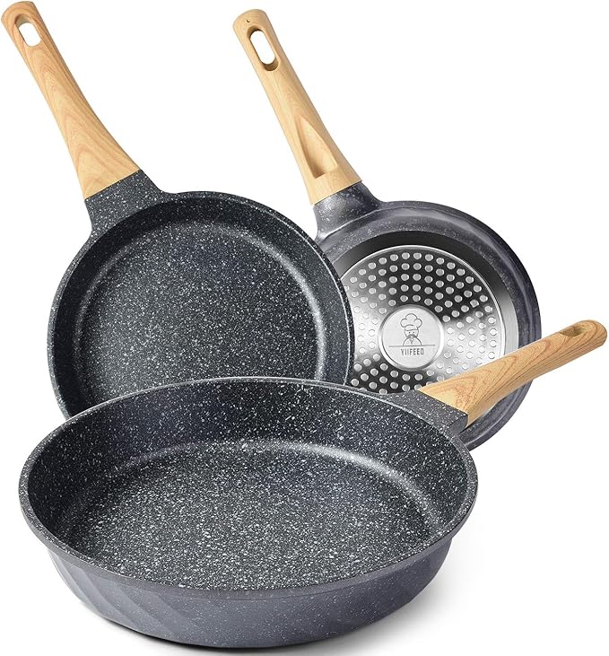 YIIFEEO Frying Pans Nonstick, Induction Frying Pan Set Granite Skillet Pans for Cooking Omelette Pan Cookware Set with Heat-Resistant Handle, Christmas Gift for Women (8" &9.5" &11")