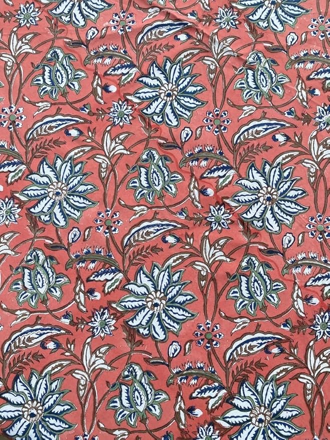 Ridhi Block Print Round Peach and Berry Blue Reusable Tablecloth 100% Cotton 110" Inch Decorative Table Cover eveyday Dining, Home, Party, Wedding, Farmhouse Gift for Spring, Easter, Valentine