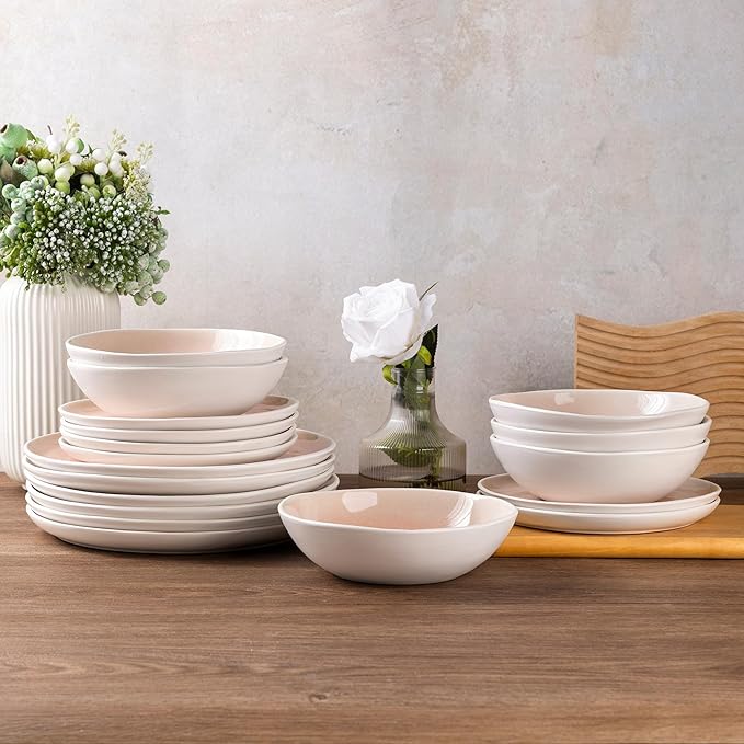 AmorArc Ceramic Dinnerware Sets,Handmade Reactive Glaze Stoneware Plates and Bowls Sets,Highly Scratch Resistant | Dishwasher & Microwave Safe Dishes Set,Service for 6 (18pc)-Pink