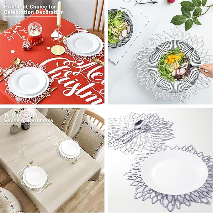 PVC Placemats and Coasters Set Round Leaf Place Mats Washable Heat Table Mats for Morden Kitchen Dining Table(Sliver,4 Set)