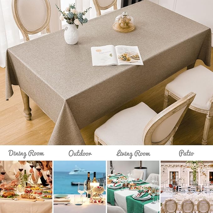 Rectangle Tablecloth Linen Textured Waterproof & Stain Resistant Table Cloth Wrinkle Free Decorative Fabric Farmhouse Table Cover for Dining/Party/Buffet/Wedding, 60 x 144 Inch, Mocha
