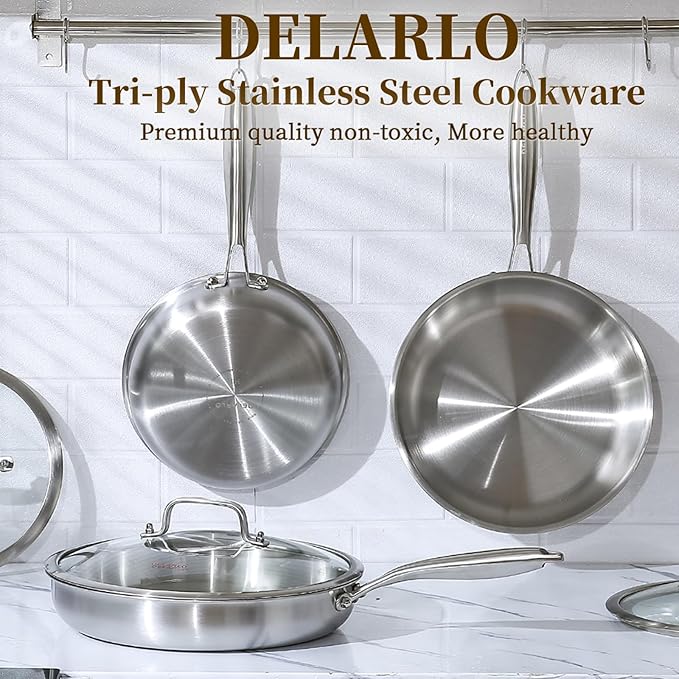 DELARLO Tri-Ply Stainless Steel Frying Pan丨9 inch Skillet with Lid丨All Cooktops Compatible Up to 600℉丨Enegry Saving丨Kitchen Egg Skillet 9" 丨Durable丨Everything Pan丨Omelet Pans for Kitchen Cooking