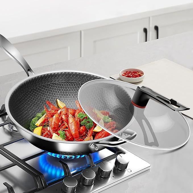 Wok Pan 12 Inch with Standing Lid, 18/10 Stainless Steel Honeycomb Wok, Hybrid Stir Fry Pan with Flat Bottom, Physical Non-Stick Structure, Induction Compatible, Dishwasher & Oven Safe