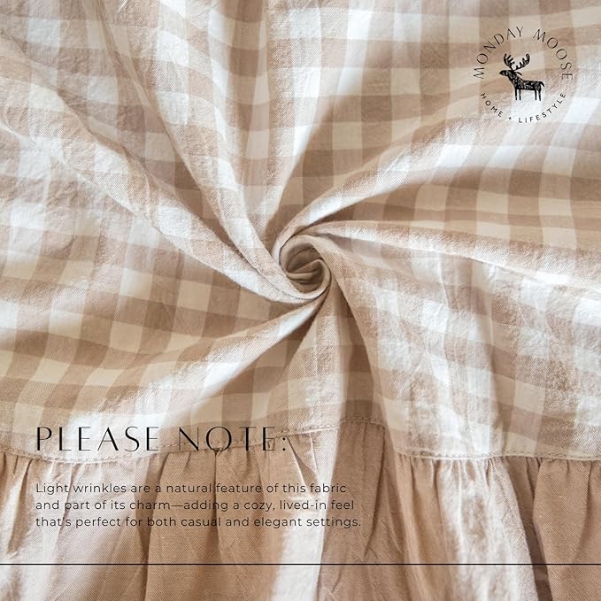 MONDAY MOOSE Gingham Checkered Farmhouse Rustic Ruffle Style Decoration Round Natural Stonewashed Cotton Tablecloth for Kitchen, Dining Room, Restaurant (60" Round, Beige)