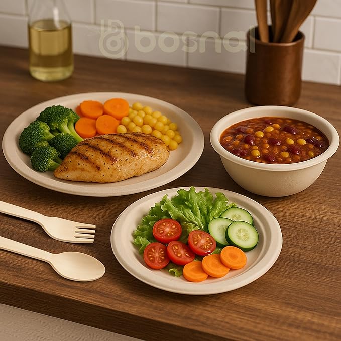 BOSNAL 10 inch & 7 inch Round Plates with 32 oz Bowls & Cutlery – 100% Plant-Based Sugarcane Bagasse, Eco-Friendly Disposable Dinnerware for Hot & Cold Meals, Microwave Safe, Durable & Compostable