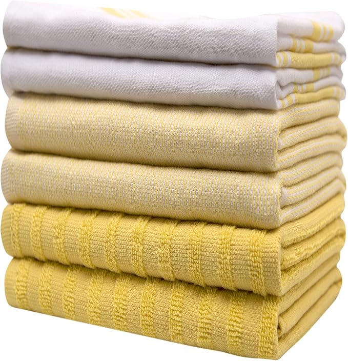 Premium Kitchen Towels (20”x 28”, 6 Pack) | Large Cotton Dish Towels | Flat & Terry Highly Absorbent Kitchen Linen Set with Hanging Loop | Wide Stripe Yellow
