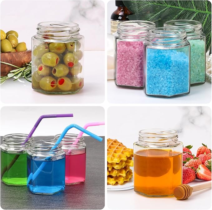BIGIVACA 6 oz Mini Honey Jars - 30 Pack Hexagon Glass Jars with Wood Dippers, Gold Lids, Bee Pendants, Jutes, Stickers for Wedding Favors, Party Favors, Candle Making