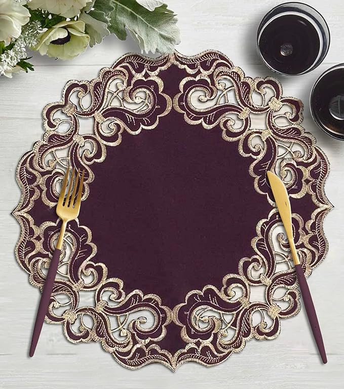 Decozen Set of 12 Doilies for Table, Lace Doilies - Rustic, Crochet, Farmhouse, Kitchen, Dining Table Centerpiece Decor - Round Christmas Placemats for Home 15 inch Gold Plum, The Granada Collection