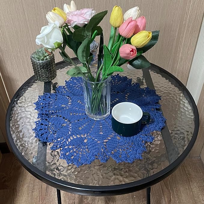 BIBITIME Tulip Flower Doilies Lace Doilies Kitchen Table Doily Mats Tablecloth Handmade Crochet Placemats Vase Dish Plate Mat (1 PC- 15 inches- 16 inches, Navy)