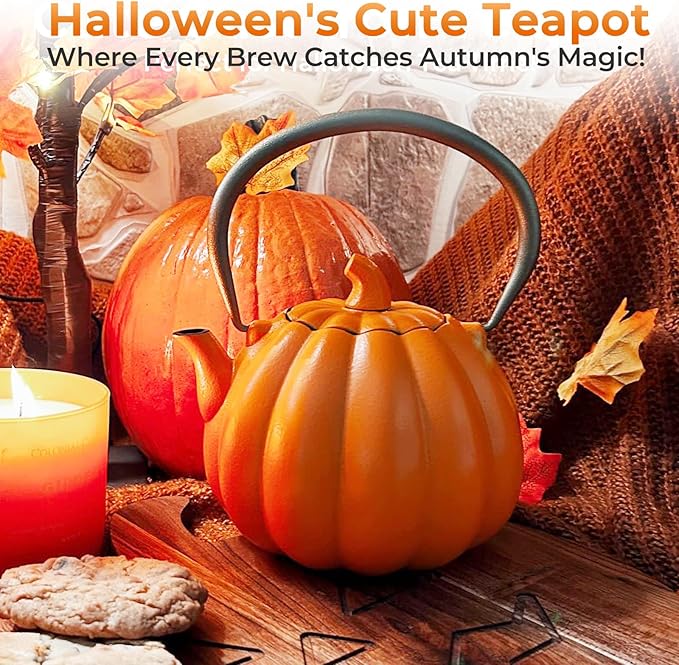 Orange Pumpkin Cast Iron Teapot with Infuser - 40oz Japanese Iron Tea Kettle with Enamel Interior, Cute Halloween Teapot for Loose Tea & Coffee, Stainless Steel Filter, Stove Safe (Orange)