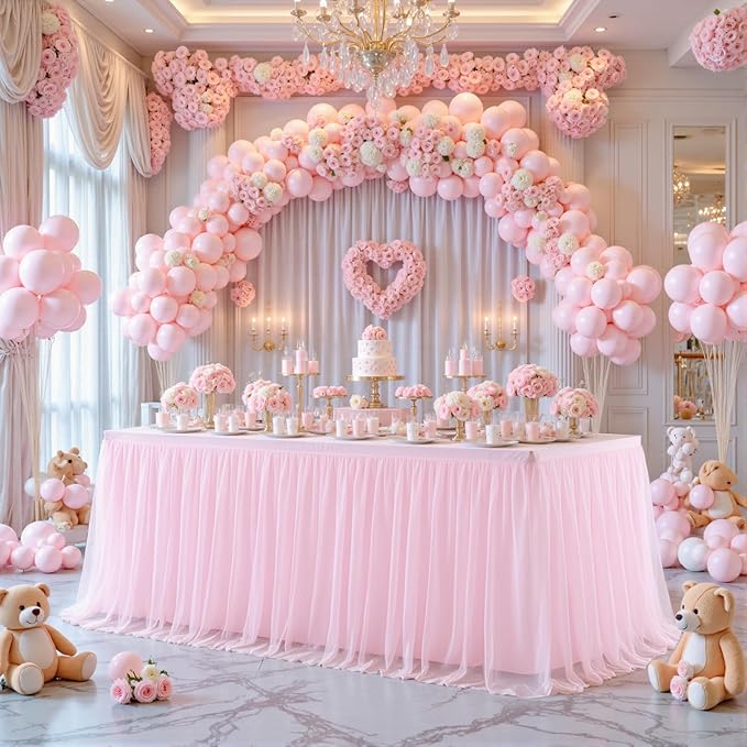 6 Pack 8ft Pink Tablecloths for Rectangle Tables, 8 Foot Pink Rectangular Table Cloth, Wrinkle Free Table Cover with Tutu Skirt for Baby Shower Girls Birthday Party Banquet Buffet Cake Decorations