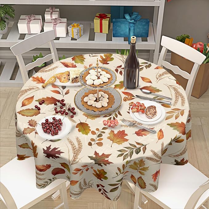 Autumn Leaves Round Tablecloth 60 Inch Fall Thanksgiving Harvest Maple Leaf Table Cloth Rustic Farmhouse Table Cover for Kitchen Dinner Home Decor