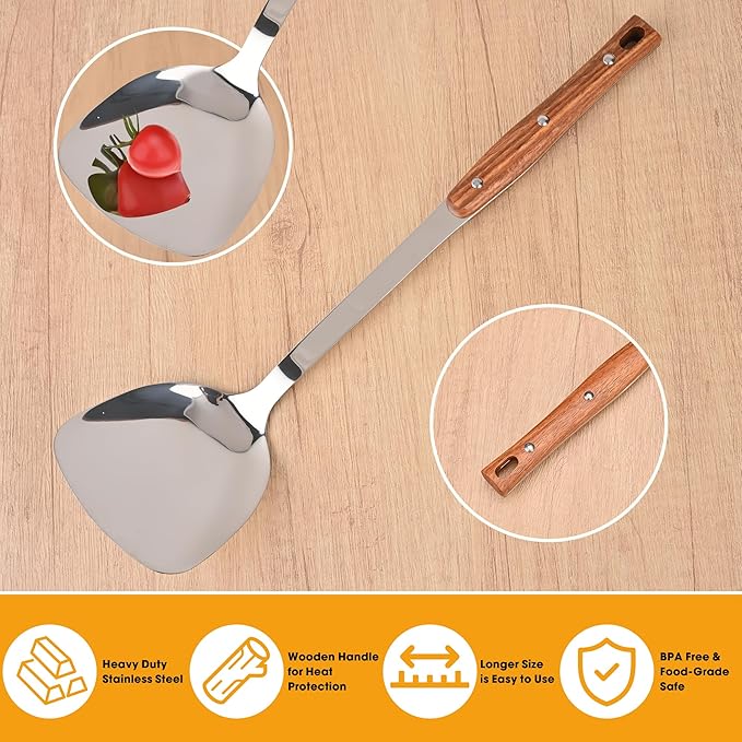 FJNATINH Wok Spatulas and Ladle, Heat Resistant Wooden Handle Wok Utensils, Stainless Steel Cooking Utensils for Serving, Turning, Stirring, Set of 2