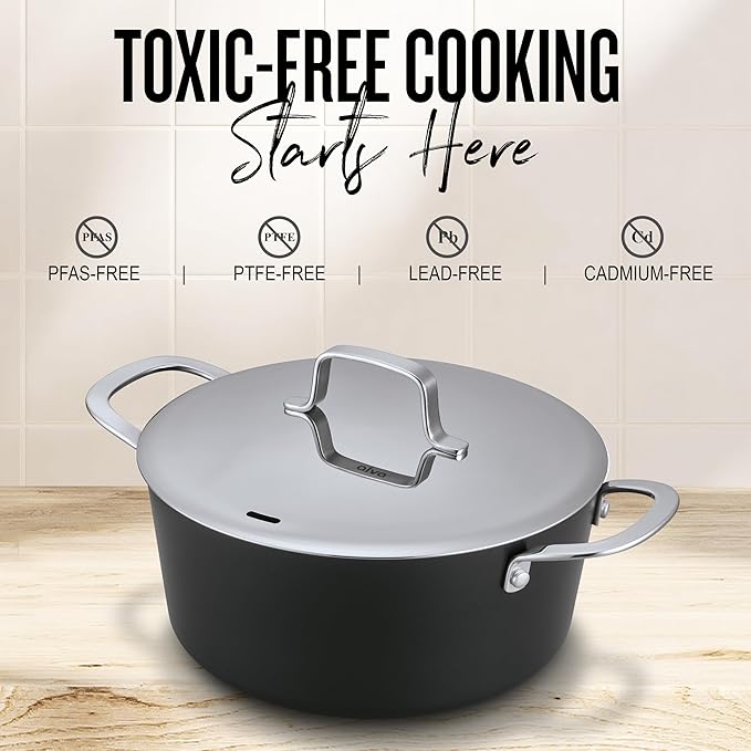 Alva Maestro 4.5-Quart Ceramic Coated Nonstick Stock Pot with Lid – Oven & Induction Safe Cookware – Made Without PFAS, PFOA & PTFE – Toxin-Free, Scratch-Resistant, Easy to Clean, Black