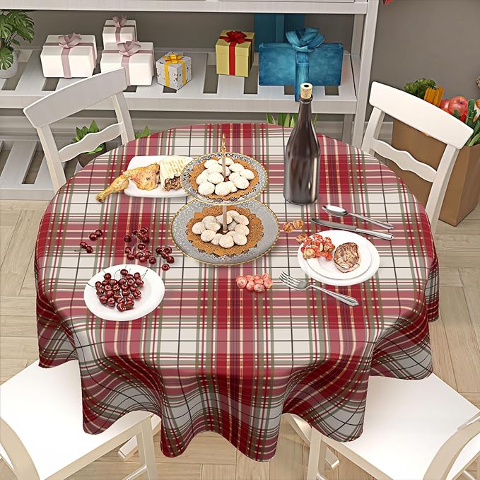 Christmas Tablecloth Round 60 Inch Red and Green Buffalo Plaid Circle Table Cloth Xmas Holiday Checkered Table Cover for Kitchen Dinner Home Decor