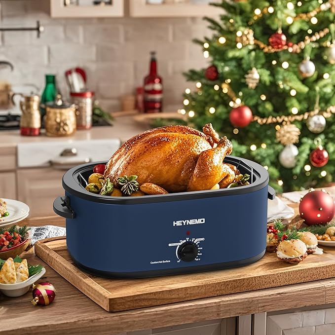 22 Quart Electric Turkey Roaster Oven with Removable Pan Large Stainless Steel Roaster, Visible & Self-basting Lid, Fast Heating & Thaw/warming Setting, Blue