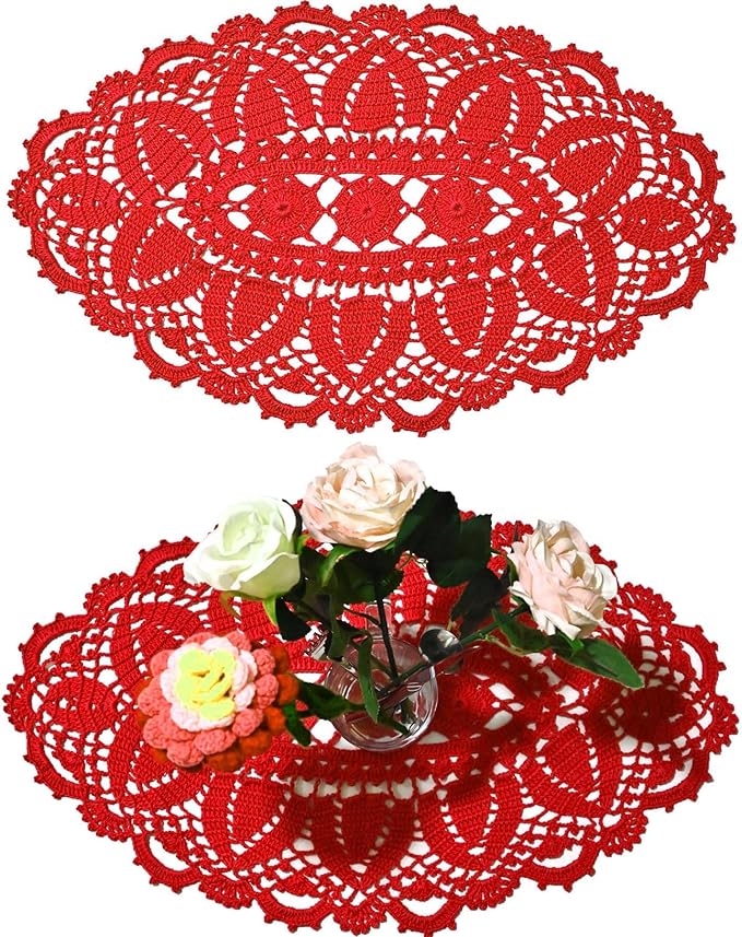 BIBITIME Lace Tablecloth Doily Handmade Crochet Placemat Women Vase Mat Kitchen Table Runner (2PCS- 12 x 22 in, Red)