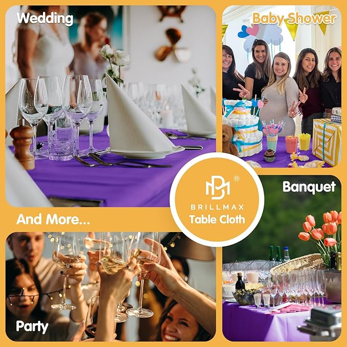BRILLMAX 6 Pack Purple Tablecloths 60 x 102 Inch for 6ft Rectangle Tables - 150 GSM Polyester Fabric, 15" Standard Drop, Water, Stain & Wrinkle Resistant Cloth Cover for Wedding Dining Buffet