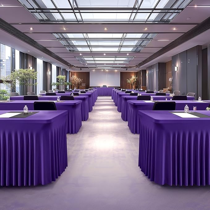 6 Packs Purple Spandex Table Covers 8 Foot, Fitted Stretch Table Cloth with Skirts 96x30 Inch, Wrinkle-Free Floor Length Rectangle Tablecloths for Trade Show Weddings Parties Banquets Events