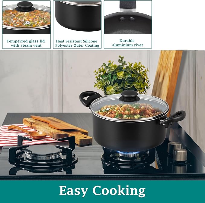 7 Piece Non Stick Aluminium, Pots and Pans Cookware Set, Black