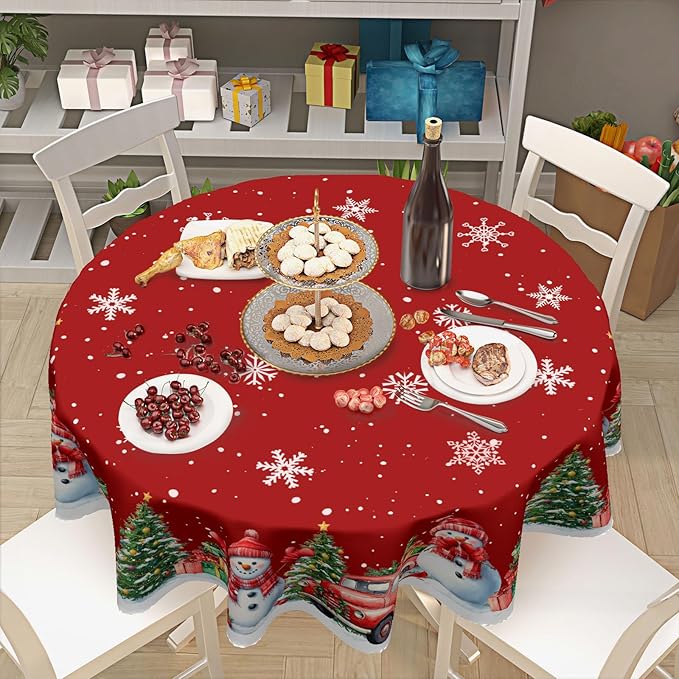 Round Christmas Tablecloth 60 Inch Xmas Red Snowman Truck Tree Snowflake Circle Table Cloth Winter Holiday Decorative Table Cover for Kitchen Dinner Home Decor