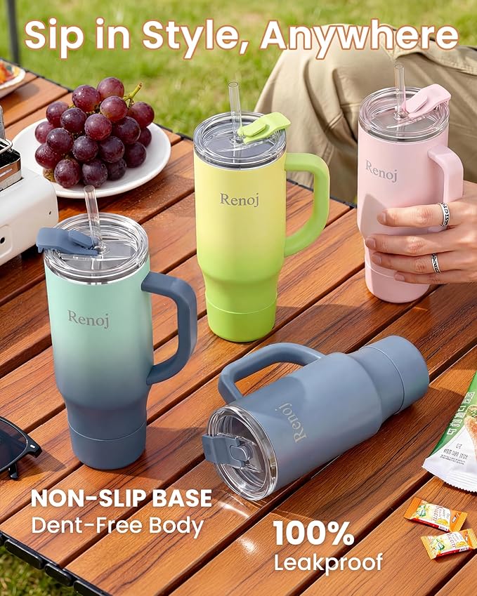 Renoj Tumbler with Handle 100% Leak Proof Insulated Water Bottle for Iced Coffee & Hot Drinks - Fits Car Cup Holder, Ideal Gift, 2 Straws & Silicone Boot BPA-Free - SnapShift Navy Blue 32 oz