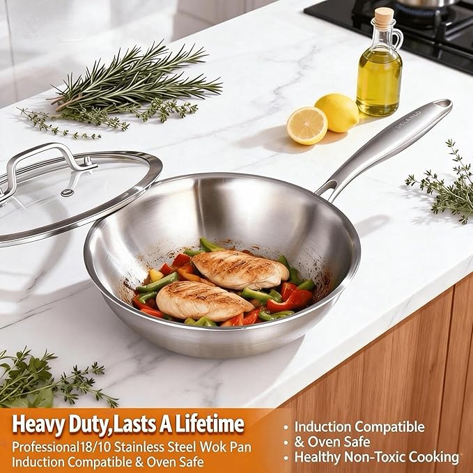 DELARLO Whole Body Tri-Ply Stainless Steel Pan 9.45 inch, Stainless Steel Woks & Stir-Fry Pans, Deep Kitchen Small Wok Pan with Lids, Induction Mini wok 9.45", Suitable for All Stove, Up to 650℉
