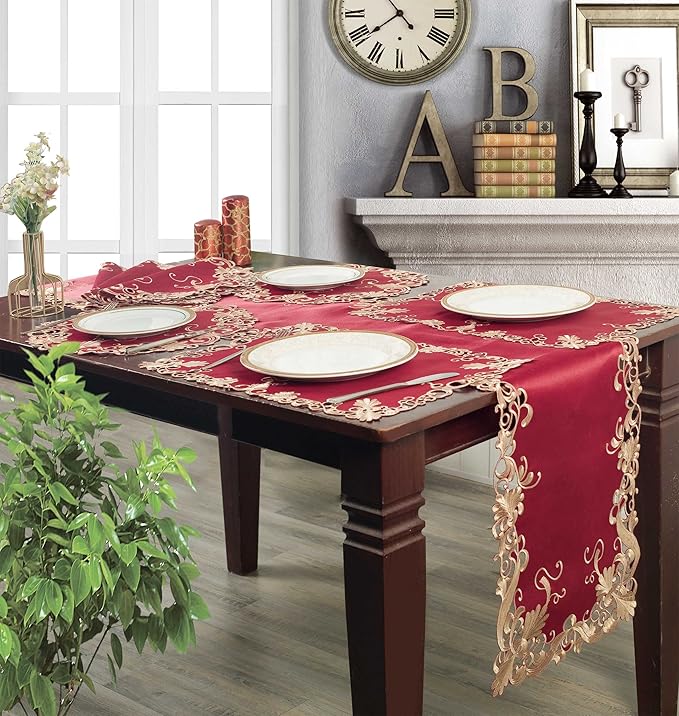 Decozen Set of 12 Doilies for Table, Lace Doilies Rustic Farmhouse Kitchen Dining Table Centerpiece Decor, 15 Inch Gold Burgundy Round Placemats for Home, Valentines Day Gifts, Valentines placemats