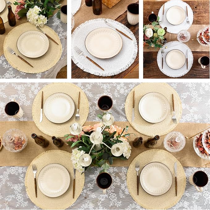 Tassels Round Placemats Set of 4 Braided Boho Mandala 35CM Circle Table Placemats with Coasters for Wedding Holiday Party Decor(Gold,4 Set)