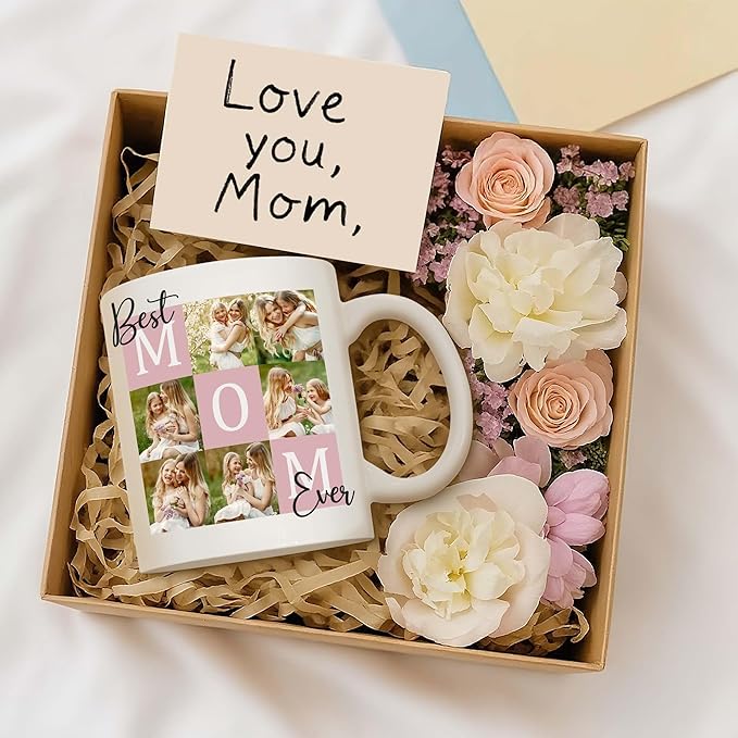 Custom Christmas Coffee Mug Gifts for Mom,11oz Personalized Ceramic Mama Cup with Photo Text & Birth Flower, Customized Birthday Gift for New Moms (Mom-6 Photos)