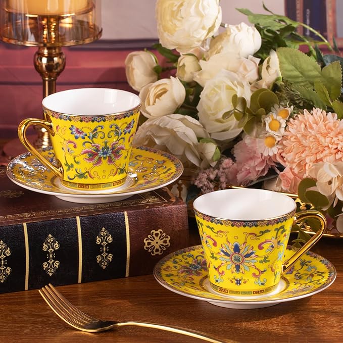 KAMMAK Tea Cups and Saucers Set of 2, Porcelain Coffee Cups with Saucer for Espresso, Cappuccino, 9oz Vintage Noble Yellow Ceramic Novelty Mug for Home, Tea Party, Office