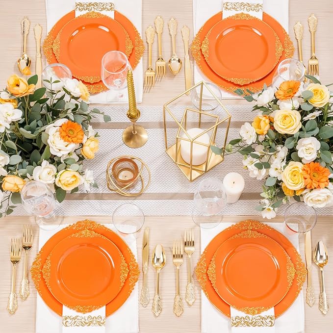 Nervure 175PCS Orange Plastic Plates - Orange and Gold Disposable Plates for 25 Guests Include 50Plates, 25Cups, 25Forks, 25Knives, 25Spoons, 25Napkins for Wedding & Party