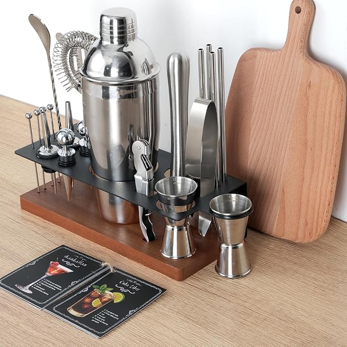 23-Piece Bartender Kit, Cocktail Shaker Set with Stand | Bar Drink Mixer Set with All Essential Bar Tools: Martini Shaker, Jigger, Strainer, Muddler, Pourers, for Home, Bar, Party (brown)