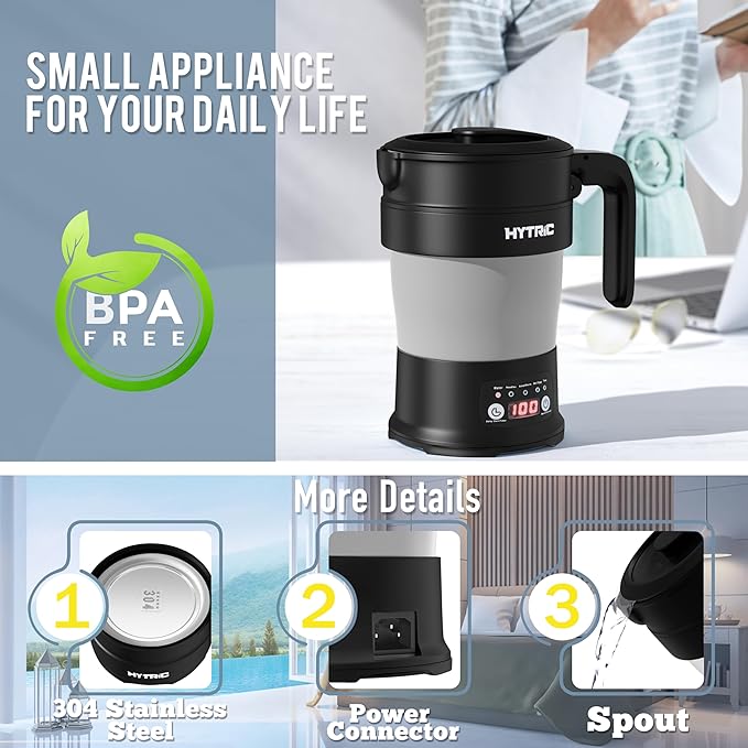 HYTRIC Travel Electric Kettle, 700ML Foldable Small Electric Kettle BPA-Free, Portable Kettle with Multifunctional Panel, Collapsible Hot Water Kettle with Keep Warm & Delay Start, 110V Black