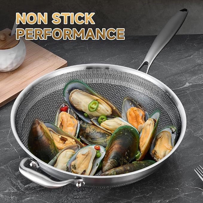 LOLYKITCH New Hybird 12 Inch Tri-Ply Stainless Steel Wok Pan with Lid,Ceramic Nonstick Stir Fry Pans,Induction Cooking Pan,Dishwasher and Oven Safe