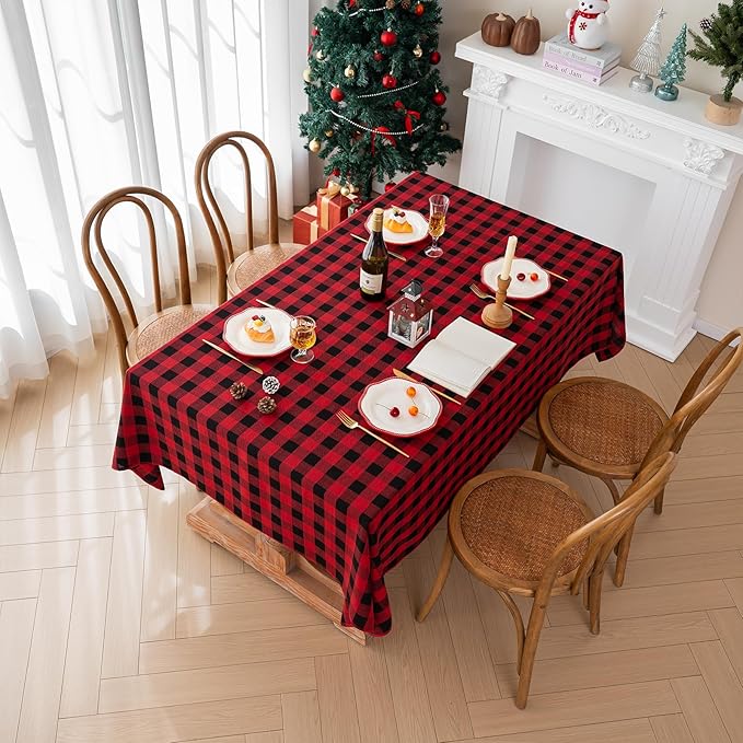 Christmas Gingham Tablecloth Heavy Duty Cotton Blend Red 60x60 inch Plaid Christmas Table Cloth Reusable Waterproof Foldable Tablecloths Xmas Table Cover for New Year Party Decor