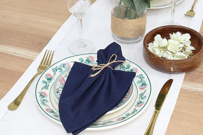 PurpleEssences Set of 12 Hemstitch Cloth Dinner Napkins 100% Cotton - Soft Durable Washable - Ideal for Wedding Christmas Holiday Winter - Perfect Everyday Use Table Linen 18x18 - Navy Blue