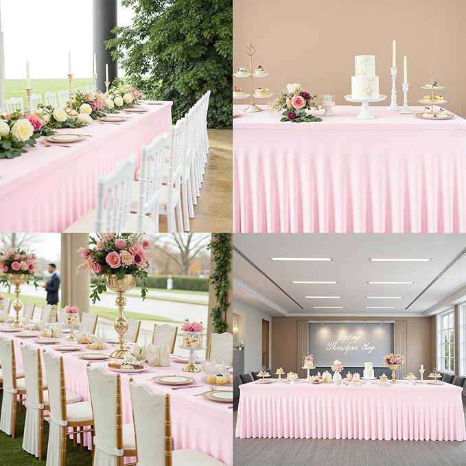 Rectangle Tablecloth 6FT – Pink Fitted Spandex Table Cover, Wrinkle-Free, Stretch Fabric with Elastic Edges for Wedding, Banquet, Party, Buffet, Birthday,Restaurant