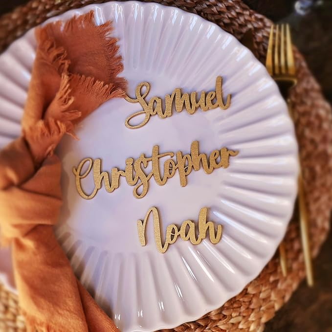 Customized Wooden Name Tags for Place Setting, Personalized Place Cards for Weddings, Bridal Showers and Events, Cursive Laser Cut Seating Cards