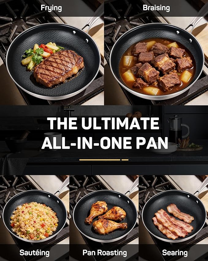 Stainless Steel Nonstick Frying Pan, Hybrid Ceramic 12-Inch Frying Pans, Stay-Cool Handle, PFAS & PFOA PTFE Free, Dishwasher & Oven Safe, Scratch-Resistant, Compatible with Induction & All Cooktops