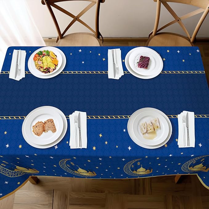 Childom 3 Pack Ramadan Mubarak Tablecloths for Eid Mubarak Decorations,54" x 108" Plastic Disposable Ramadan Kareem Table Cloth,Blue Eid al-Fitr Table Covers for Rectangle Tables,Dinner,Party Favors