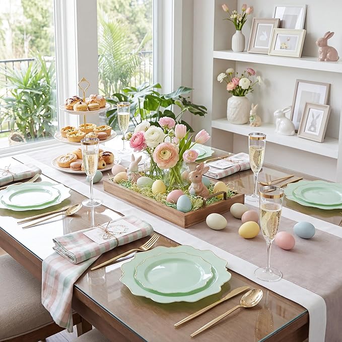 WDF 175Pcs Sage Green Plastic Plates With Gold Rim - Disposable Sage Green Plates 25guest Disposable Dinnerware Ideal for Party/Wedding/Spring Party/Easter