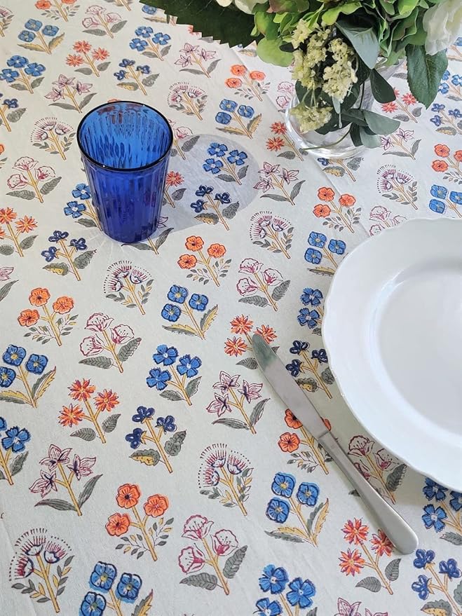 ATOSII Flora Bloom 100% Cotton Rectangle Summer Tablecloth, Block Print Floral Table Cloth Linen for Kitchen Dining I Parties Wedding Outdoors I Home Decor 60 X 108 Inches I 8 Seater I Memorial Day