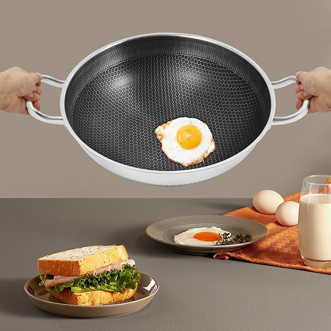 Wok Pan,Hybrid Wok with Lid,Non Stick Stainless Steel Woks & Stir-fry Pans Nonstick Frying Pan Dishwasher and Oven Safe, Works on Induction (13 inch)