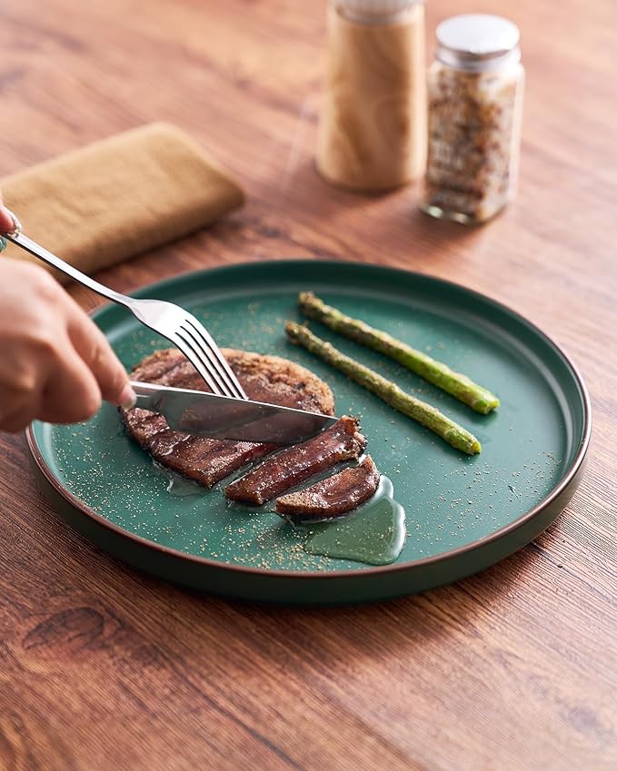 Famiware Nebula Ridge Stoneware Dinnerware Sets, Plates and Bowls Sets for 4, 12 Pieces Dishes Set, Microwave and Dishwasher Safe Kitchen Plates, Dark Green