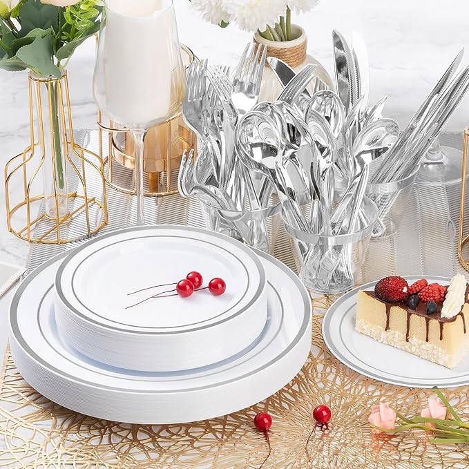 BESTVIP 600PCS Silver Plastic Plate Set (100 Guests), Disposable Plates for Party Wedding Birthday, Dinnerware Set of 200 Plastic Plates, 200 Forks, 100 Spoons, 100 Knives for Christmas